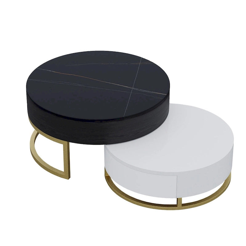 Round Wood Lift-top Nesting Coffee Table with Rotatable Drawers