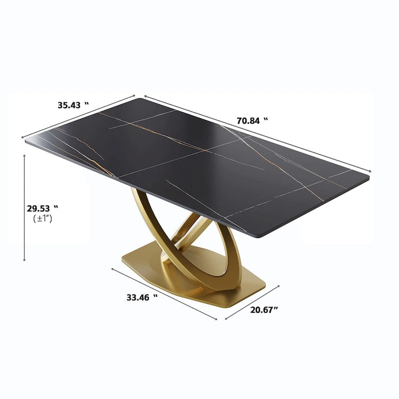 70 White Sintered Stone Dining Table with Stainless Steel Gold Pedestal