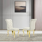 Luxury White Velvet Dining Chairs with Crystal Decor Button Tufted Back and Gold Metal Legs