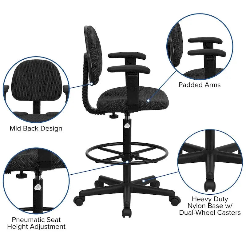 Fabric Drafting Chair with Arms (Cylinders: 22.5-27H or 26-30.5H)