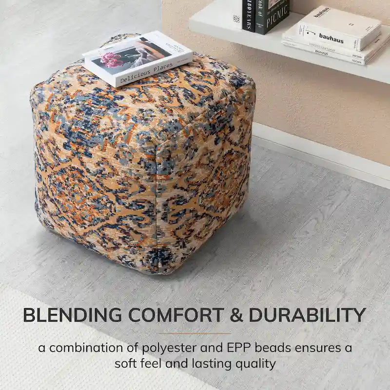 Jani Tofino 20-inch Multicolor Square Orange Pouf Ottoman - Handmade Footrest for Living Room, Bedroom, Patio