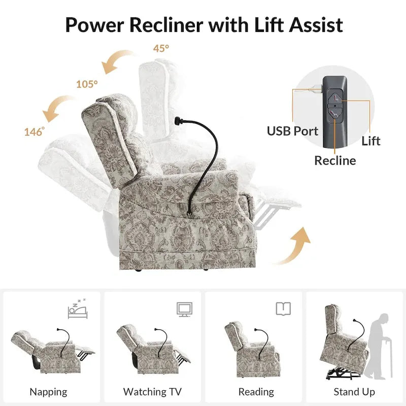Traditional-Style Electric Lift Recliner (with Massage, Heating, and Manually Adjustable Headrest)