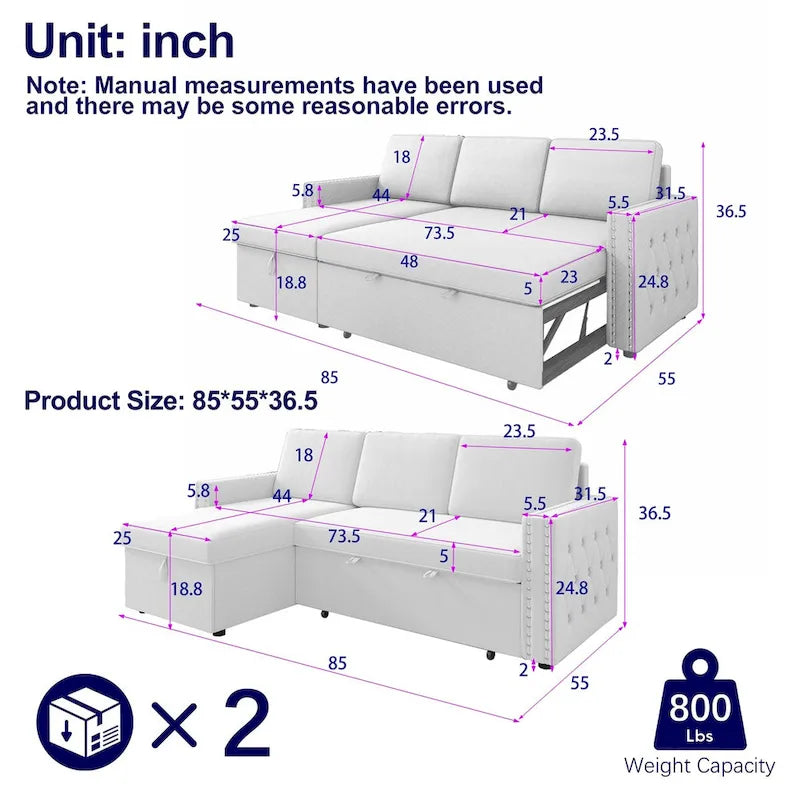 Convertible Sofa Bed with Storage Chaise, Chenille-Light Gray