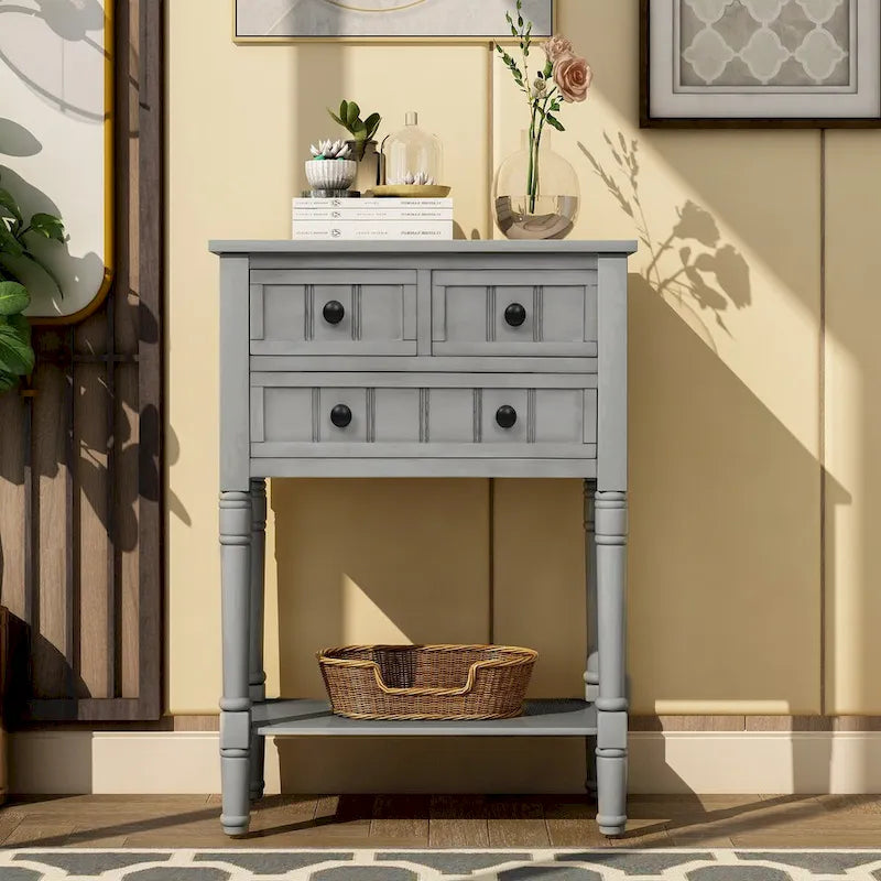 Solid Wood Distressed Sofa Table with Three Storage Drawers and Bottom Shelf