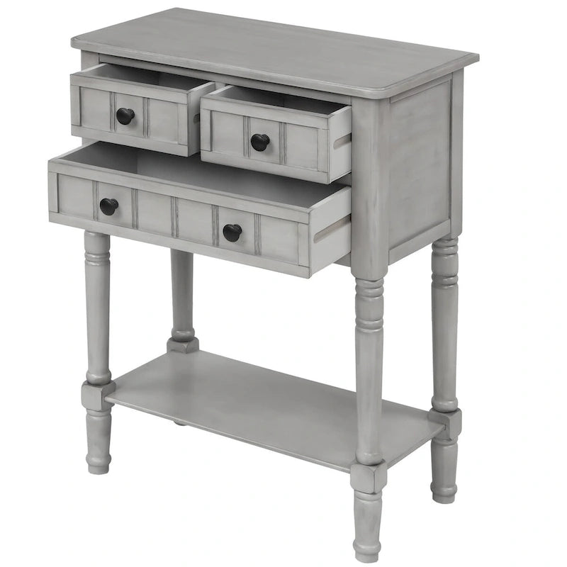 Solid Wood Distressed Sofa Table with Three Storage Drawers and Bottom Shelf