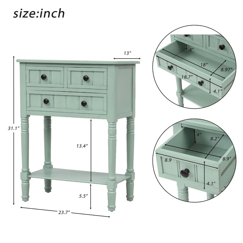 Solid Wood Distressed Sofa Table with Three Storage Drawers and Bottom Shelf
