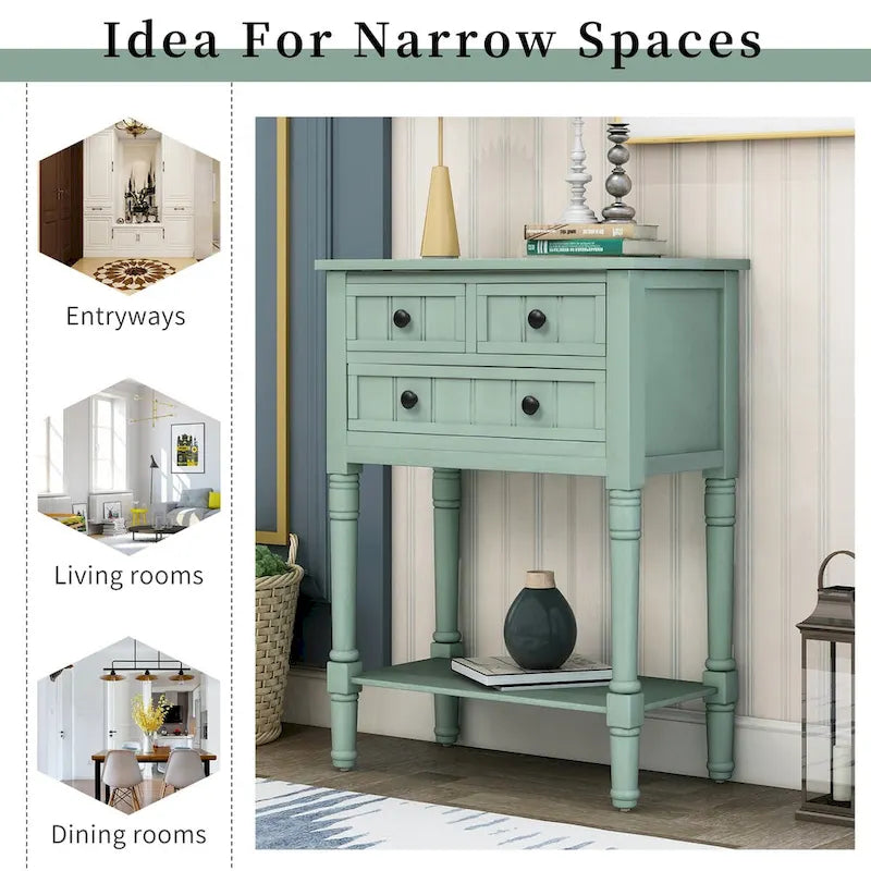Solid Wood Distressed Sofa Table with Three Storage Drawers and Bottom Shelf