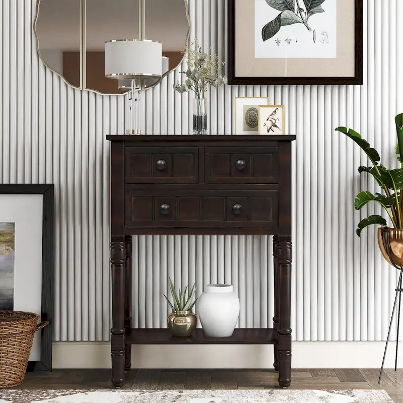 Solid Wood Distressed Sofa Table with Three Storage Drawers and Bottom Shelf