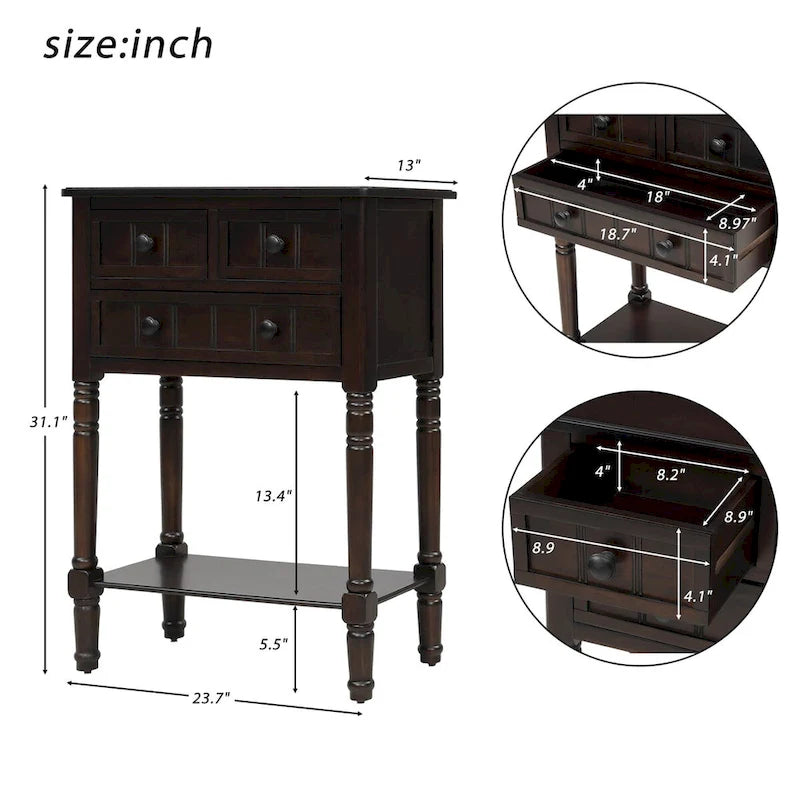 Solid Wood Distressed Sofa Table with Three Storage Drawers and Bottom Shelf