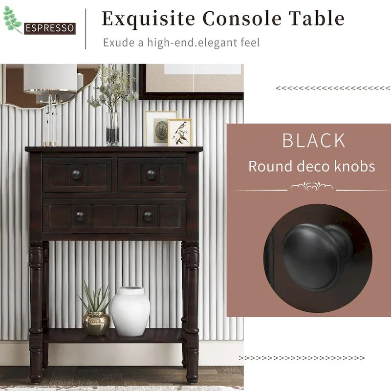 Solid Wood Distressed Sofa Table with Three Storage Drawers and Bottom Shelf