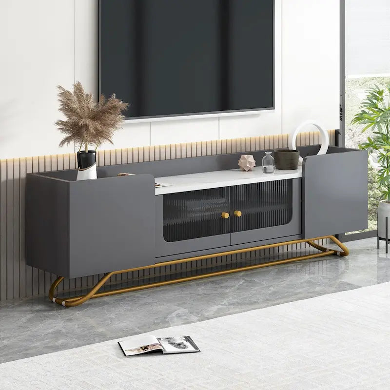 TV Stand with Fluted Glass,Entertainment Center for TVs Up to 70,Faux Marble Top TV Console Table with Gold Frame Base