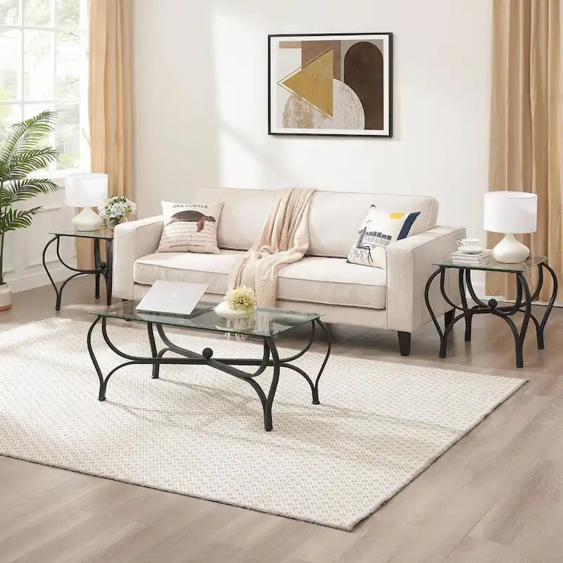 3-Piece Tempered Glass Coffee Table Set - Rectangle Coffee Table with 2 Square End Side Tables