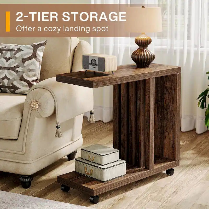 C-Shaped End Side Table for Living Room, Wooden Beside Couch Table