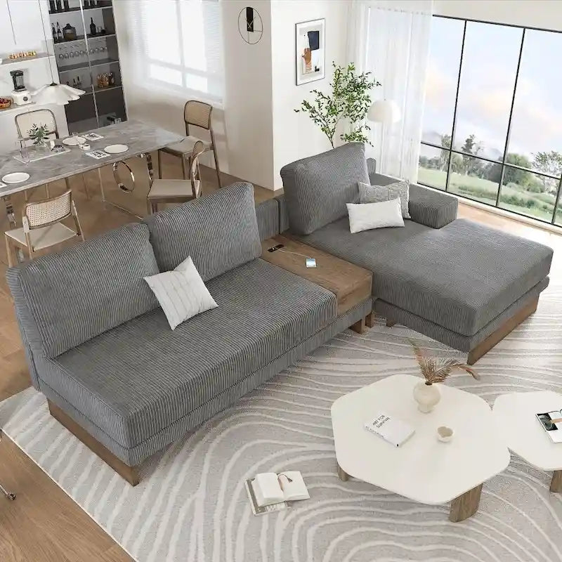 L-shaped Sofa Sectional Sofa with Two USB Ports and Two Power Sockets, a Storage Drawer and a Reversible Chaise Lounge