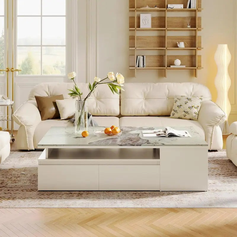 Modern Coffee Table with Extendable Tabletop and Drawers Shelves for Living Room