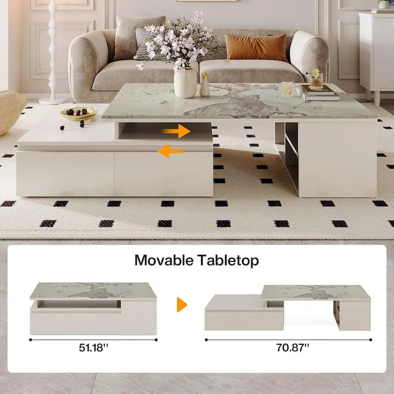 Modern Coffee Table with Extendable Tabletop and Drawers Shelves for Living Room