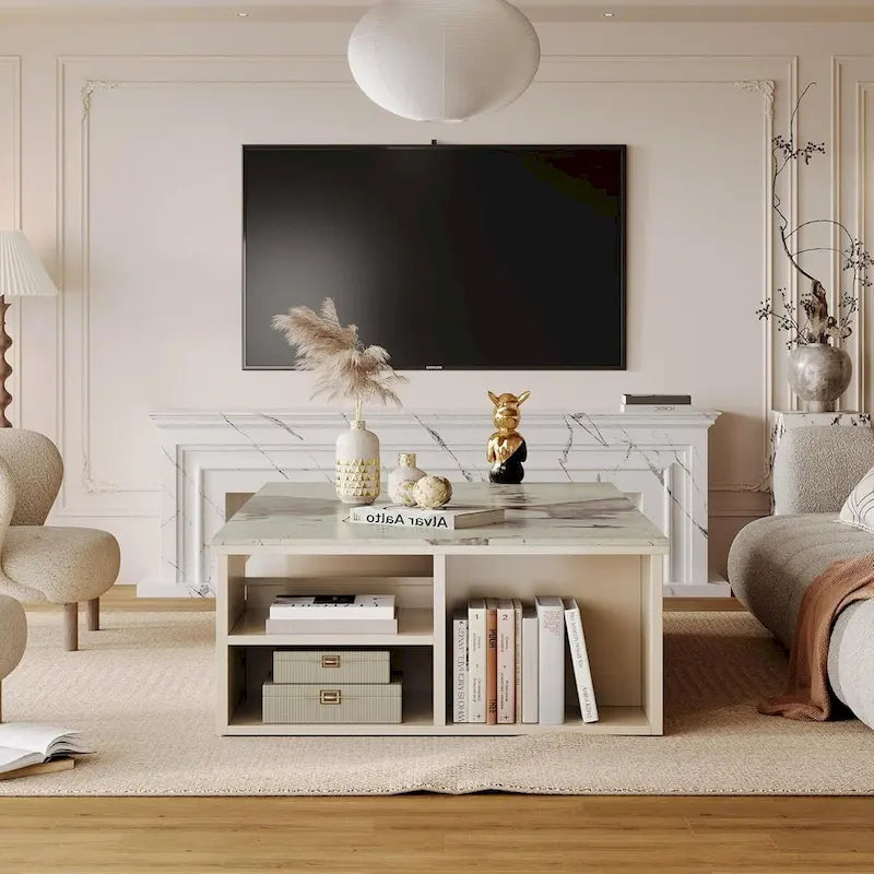 Modern Coffee Table with Extendable Tabletop and Drawers Shelves for Living Room