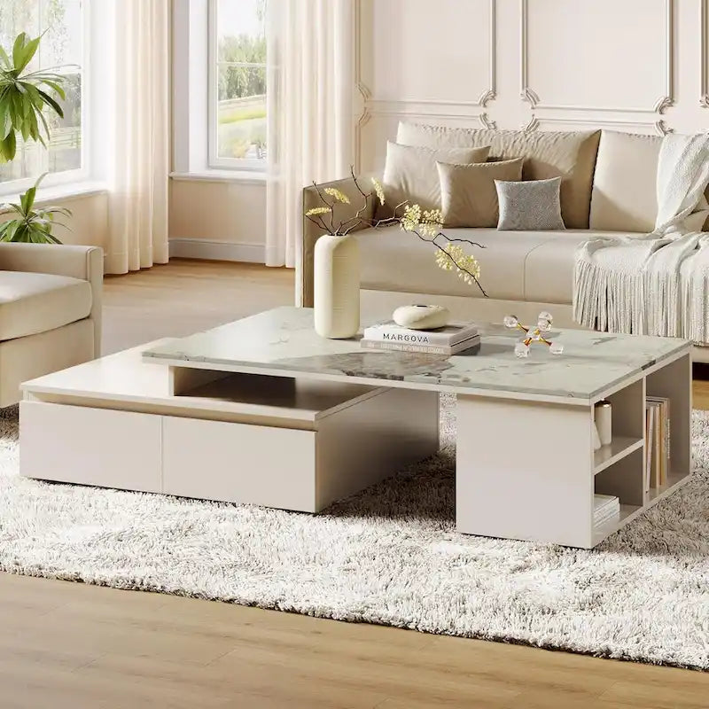 Modern Coffee Table with Extendable Tabletop and Drawers Shelves for Living Room