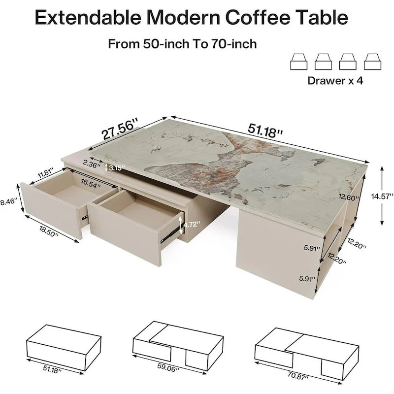Modern Coffee Table with Extendable Tabletop and Drawers Shelves for Living Room