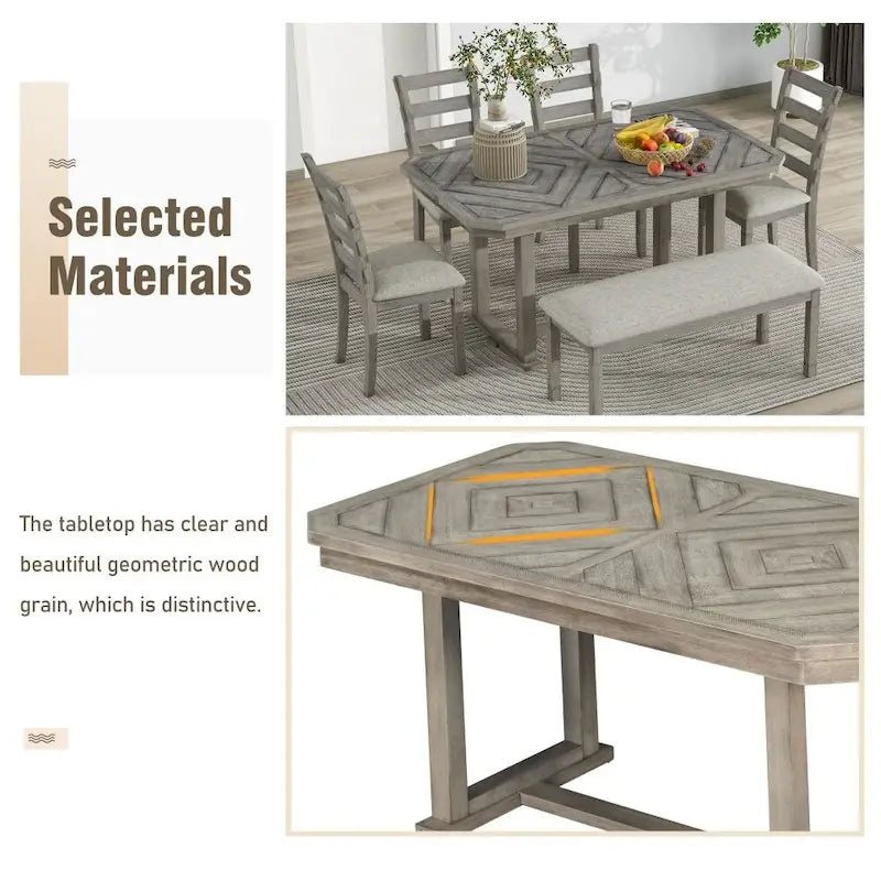6-Piece Rubber Wood Dining Table Set with Beautiful Wood Grain Pattern Tabletop