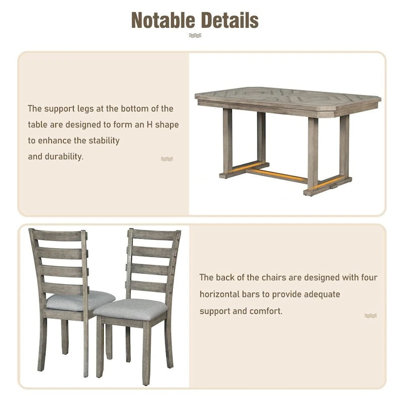 6-Piece Rubber Wood Dining Table Set with Beautiful Wood Grain Pattern Tabletop