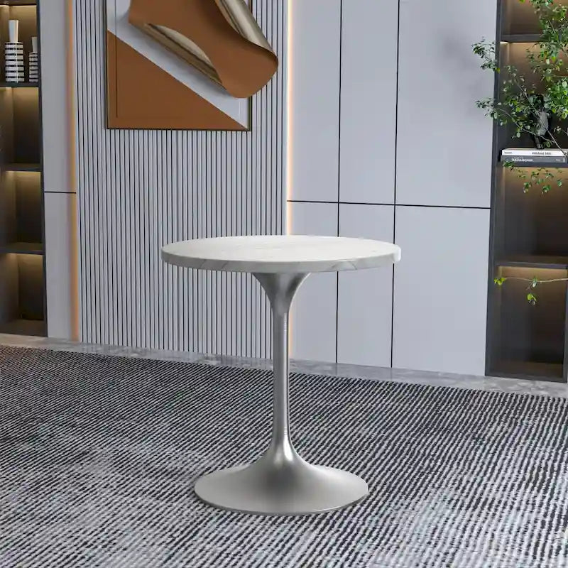LeisureMod Verve 27 Round Dining Table with Stone TableTop and Brushed Chrome Base for Kitchen & Dining Room