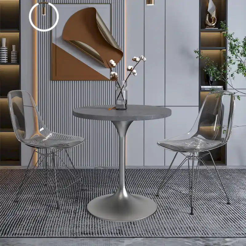 LeisureMod Verve 27 Round Dining Table with Stone TableTop and Brushed Chrome Base for Kitchen & Dining Room