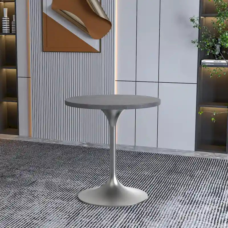 LeisureMod Verve 27 Round Dining Table with Stone TableTop and Brushed Chrome Base for Kitchen & Dining Room