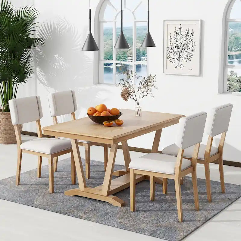 Rustic 5-Piece Dining Set - Solid Wood Table with Trestle Base, 59-inch Rectangular Dining Table and 4 Upholstered Chairs