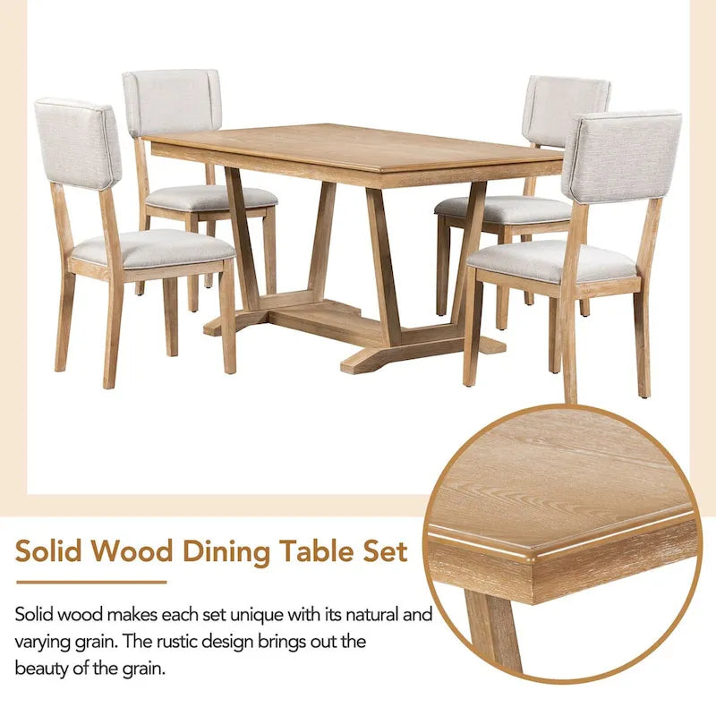 Rustic 5-Piece Dining Set - Solid Wood Table with Trestle Base, 59-inch Rectangular Dining Table and 4 Upholstered Chairs