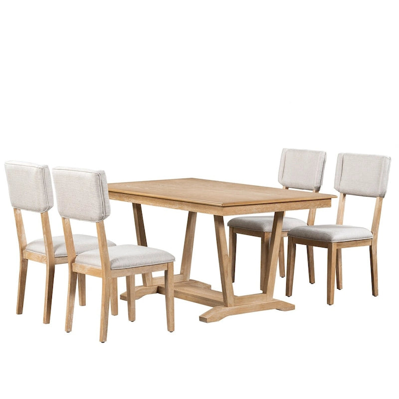 Rustic 5-Piece Dining Set - Solid Wood Table with Trestle Base, 59-inch Rectangular Dining Table and 4 Upholstered Chairs