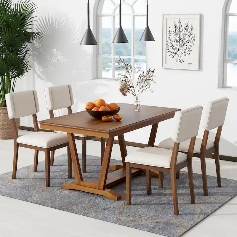 Rustic 5-Piece Dining Set - Solid Wood Table with Trestle Base, 59-inch Rectangular Dining Table and 4 Upholstered Chairs