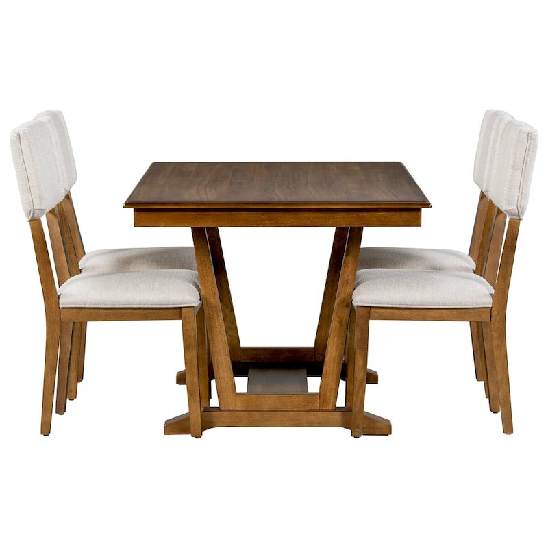 Rustic 5-Piece Dining Set - Solid Wood Table with Trestle Base, 59-inch Rectangular Dining Table and 4 Upholstered Chairs