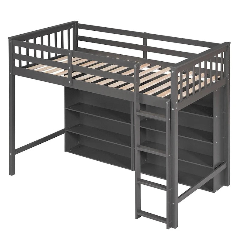 Twin Size Wood Loft Bed w/ 8 Open Storage Shelves and Built-in Ladder