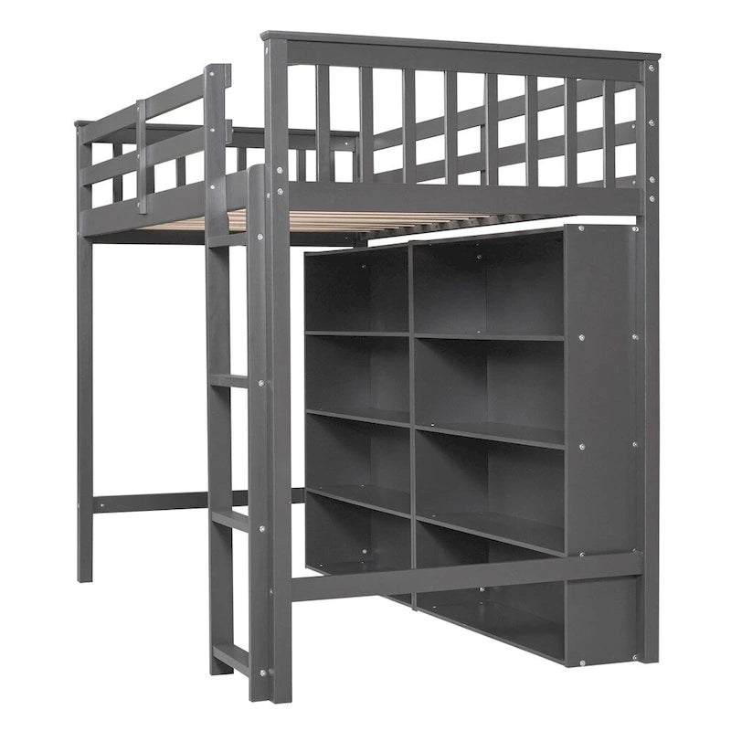 Twin Size Wood Loft Bed w/ 8 Open Storage Shelves and Built-in Ladder