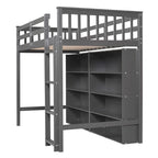 Twin Size Wood Loft Bed w/ 8 Open Storage Shelves and Built-in Ladder