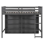 Twin Size Wood Loft Bed w/ 8 Open Storage Shelves and Built-in Ladder