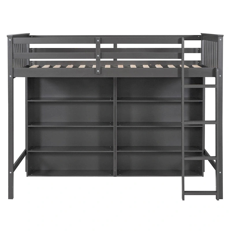 Twin Size Wood Loft Bed w/ 8 Open Storage Shelves and Built-in Ladder