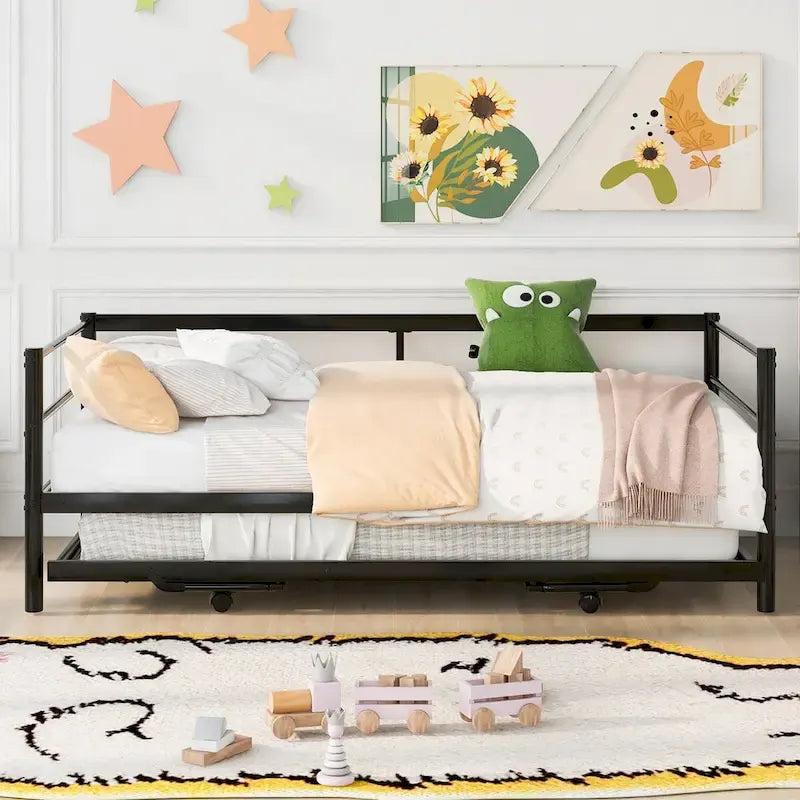 Black Industrial Style Metal Twin Daybed, Adjustable Pop-Up Trundle, Sturdy Frame