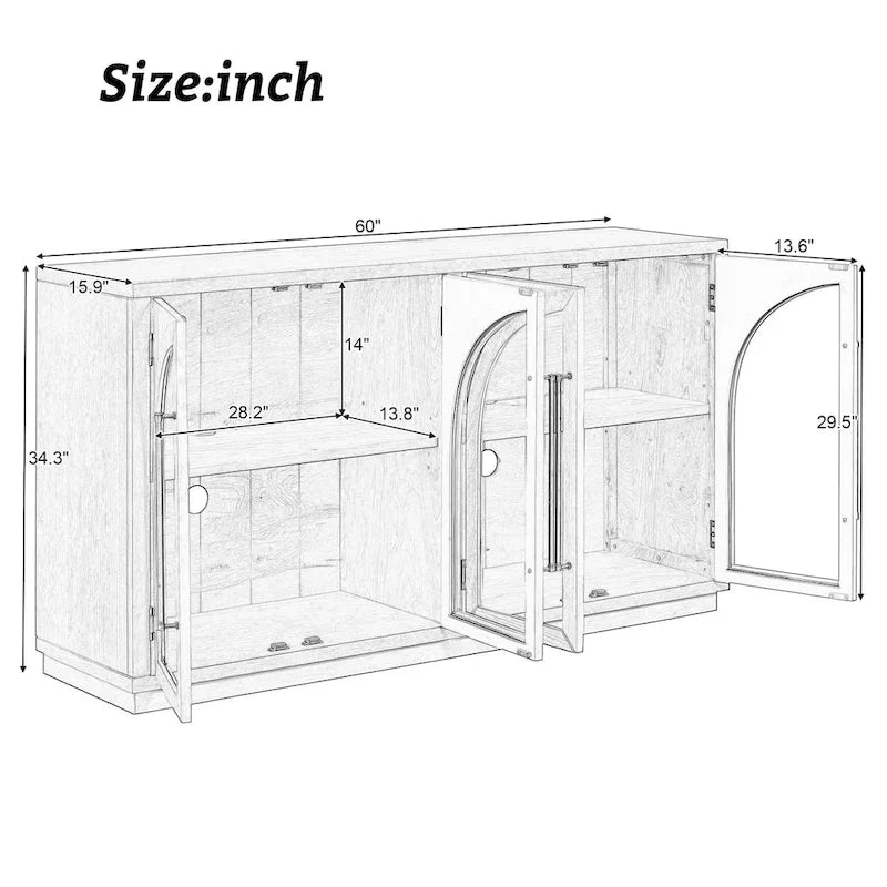 4-Door Large Storage Retro Sideboard with Metal Handles and Adjustable Shelves for Kitchen, Dining Room and Living Room
