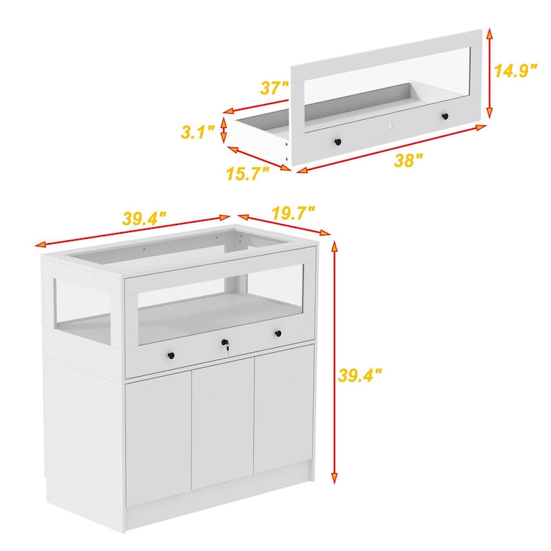 Display Cabinet with Tempered Glass Top and Lockable Storage Closet - 39.4