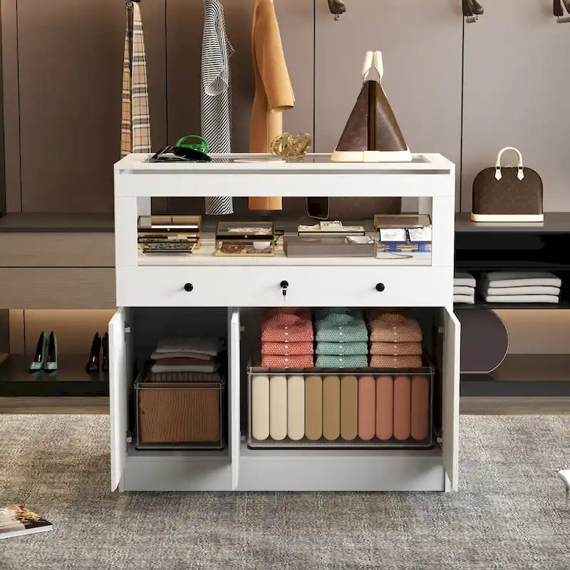 Display Cabinet with Tempered Glass Top and Lockable Storage Closet - 39.4
