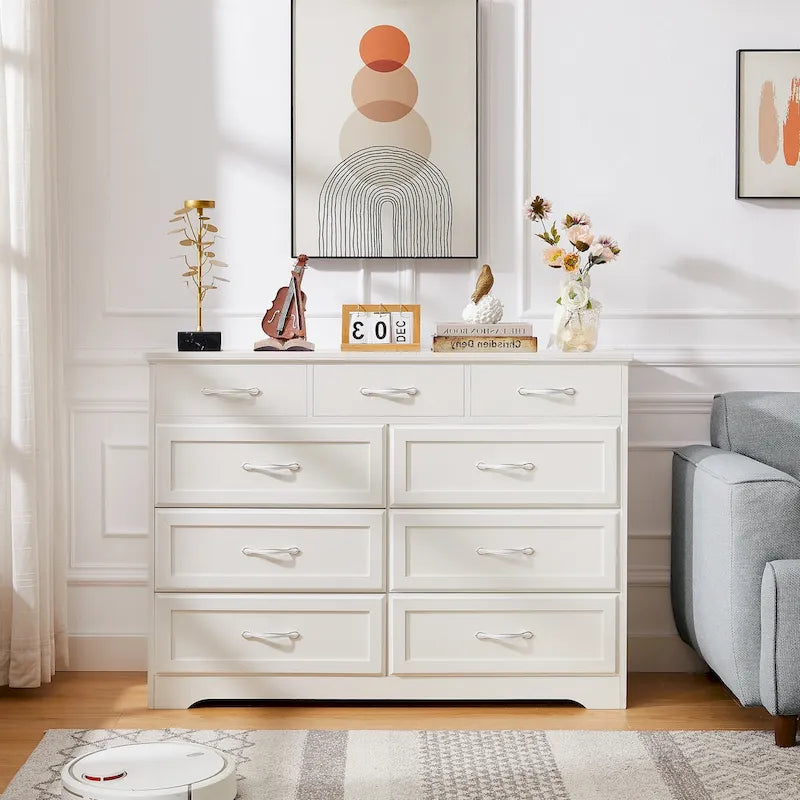 Bedroom dresser, 9 drawer long dresser with antique handles, wood chest of drawers for kids room, living room, entry and hallway