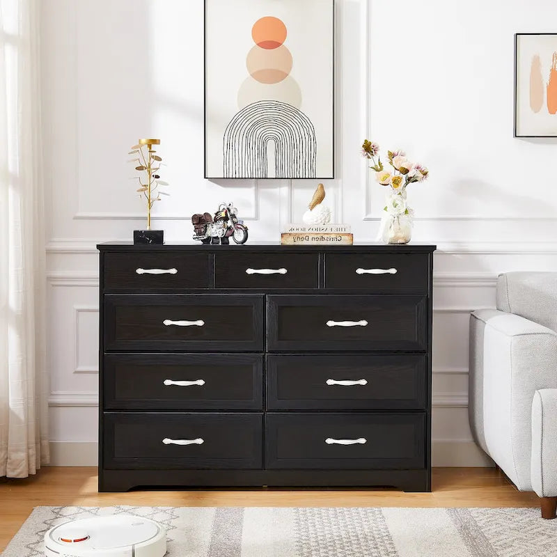 Bedroom dresser, 9 drawer long dresser with antique handles, wood chest of drawers for kids room, living room, entry and hallway