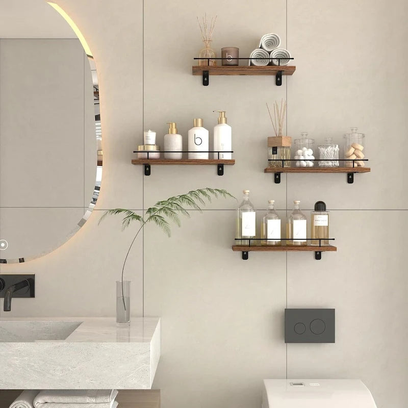 Floating Shelves Wall Set of 4, Hanging Storage Wall Shelf with Metal Guardrail