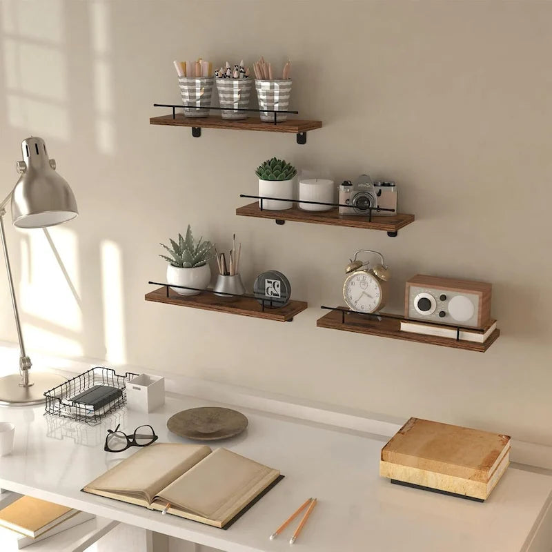 Floating Shelves Wall Set of 4, Hanging Storage Wall Shelf with Metal Guardrail