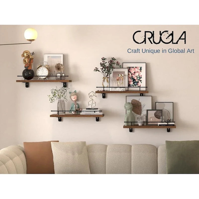 Floating Shelves Wall Set of 4, Hanging Storage Wall Shelf with Metal Guardrail