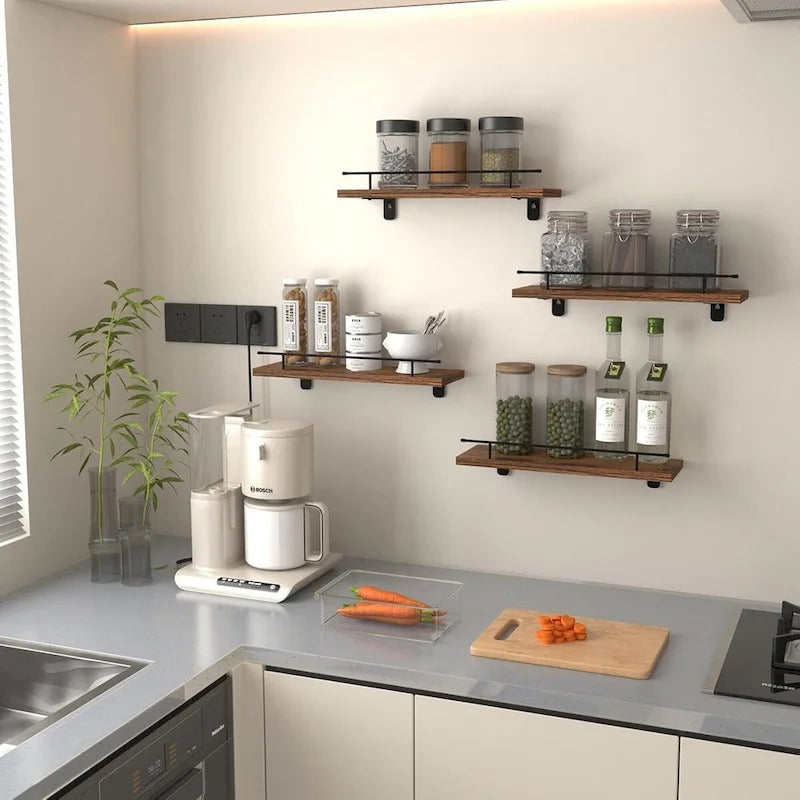 Floating Shelves Wall Set of 4, Hanging Storage Wall Shelf with Metal Guardrail