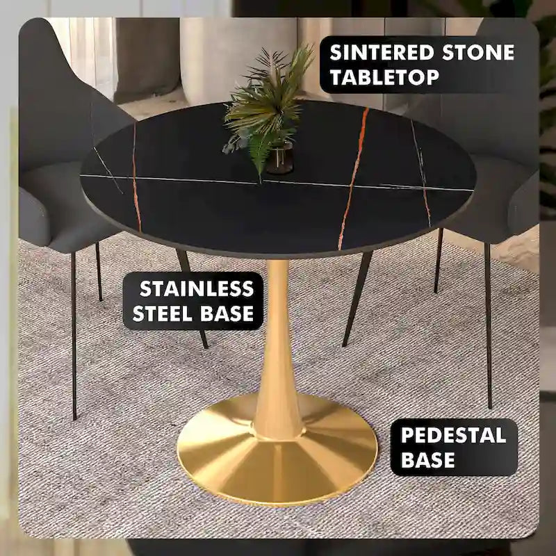31 Round Dining Table (4-Seater) — Sintered Stone Top, Gold Steel Base; Suitable for Kitchens and Dining Rooms