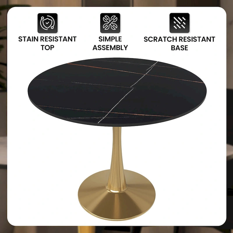 31 Round Dining Table (4-Seater) — Sintered Stone Top, Gold Steel Base; Suitable for Kitchens and Dining Rooms
